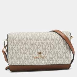 Michael Kors White/Brown Signature Coated Canvas and Leather Jet Set Phone Crossbody Bag