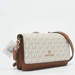 Michael Kors White/Brown Signature Coated Canvas and Leather Jet Set Phone Crossbody Bag