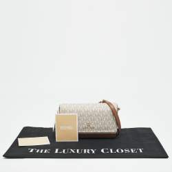 Michael Kors White/Brown Signature Coated Canvas and Leather Jet Set Phone Crossbody Bag
