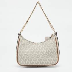 Pre Owned Michael Kors White/Brown Signature Coated Canvas and Leather Jet Set Charm Pochette Bag