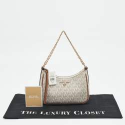Pre Owned Michael Kors White/Brown Signature Coated Canvas and Leather Jet Set Charm Pochette Bag