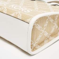 Pre Owned Michael Kors Natural/Optic White Logo Jacquard Raffia Large GIgi Tote