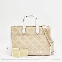 Pre Owned Michael Kors Natural/Optic White Logo Jacquard Raffia Large GIgi Tote