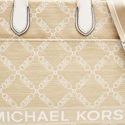 Pre Owned Michael Kors Natural/Optic White Logo Jacquard Raffia Large GIgi Tote
