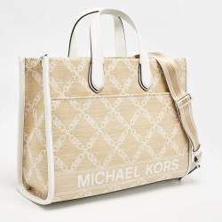 Pre Owned Michael Kors Natural/Optic White Logo Jacquard Raffia Large GIgi Tote