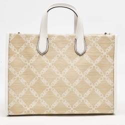 Pre Owned Michael Kors Natural/Optic White Logo Jacquard Raffia Large GIgi Tote