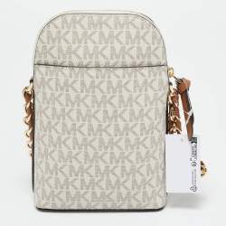 Pre Owned Michael Kors White Signature Coated Canvas and Leather Small Jet Set Charm NS Phone Crossbody Bag