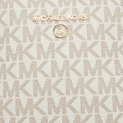Pre Owned Michael Kors White Signature Coated Canvas and Leather Small Jet Set Charm NS Phone Crossbody Bag