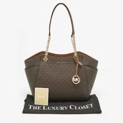 Michael Kors Brown Signature Coated Canvas Large Jet Set Travel Chain Tote