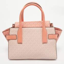 Michael Kors Pink/Peach Signature Coated Canvas Medium Carmen Flap Satchel