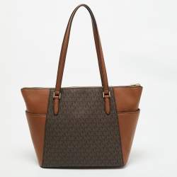 Michael Kors Brown/Tan Signature Coated Canvas Large Charlotte Top Zip Tote
