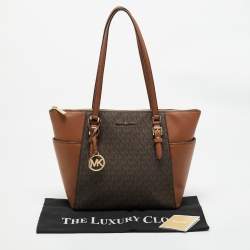 Michael Kors Brown/Tan Signature Coated Canvas Large Charlotte Top Zip Tote