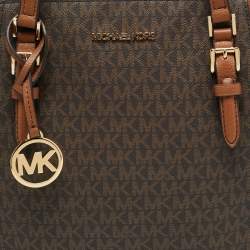 Michael Kors Brown/Tan Signature Coated Canvas Large Charlotte Top Zip Tote