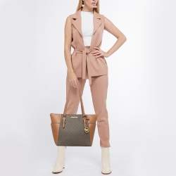 Michael Kors Brown/Tan Signature Coated Canvas Large Charlotte Top Zip Tote