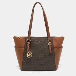 Michael Kors Brown/Tan Signature Coated Canvas Large Charlotte Top Zip Tote