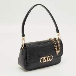 Pre Owned Michael Kors Black Croc Embossed Leather Medium Parker Convertible Pochette Shoulder Bag