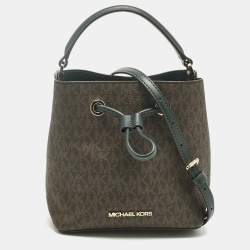 Pre Owned Michael Kors Brown/Dark Green Signature Canvas Suri Drawstring Bucket Bag