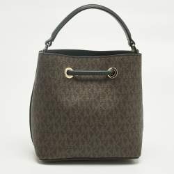 Pre Owned Michael Kors Brown/Dark Green Signature Canvas Suri Drawstring Bucket Bag