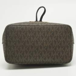 Pre Owned Michael Kors Brown/Dark Green Signature Canvas Suri Drawstring Bucket Bag