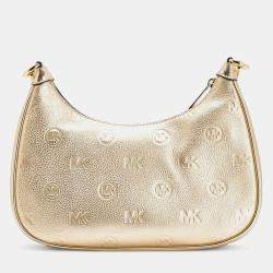 Pre Owned Michael Kors Cora Lg Zip Pouchette Gold Leather Shoulder Bag