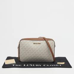 Pre Owned Michael Kors White/Brown Signature Coated Canvas and Leather Large East West Jet Set Crossbody Bag