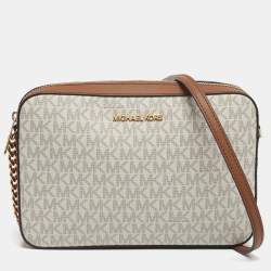 Pre Owned Michael Kors White/Brown Signature Coated Canvas and Leather Large East West Jet Set Crossbody Bag