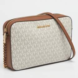 Pre Owned Michael Kors White/Brown Signature Coated Canvas and Leather Large East West Jet Set Crossbody Bag