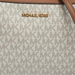 Pre Owned Michael Kors White/Brown Signature Coated Canvas and Leather Large East West Jet Set Crossbody Bag
