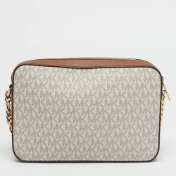 Pre Owned Michael Kors White/Brown Signature Coated Canvas and Leather Large East West Jet Set Crossbody Bag