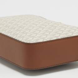 Pre Owned Michael Kors White/Brown Signature Coated Canvas and Leather Large East West Jet Set Crossbody Bag