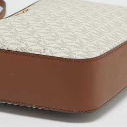 Pre Owned Michael Kors White/Brown Signature Coated Canvas and Leather Large East West Jet Set Crossbody Bag