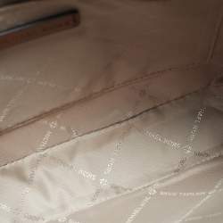 Pre Owned Michael Kors White/Brown Signature Coated Canvas and Leather Large East West Jet Set Crossbody Bag