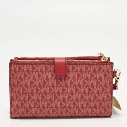 Pre Owned محفظة مايكل كورس جيت سيت مزدوجة السحاب حمراء شعارية كانفاس مقوى بحمالة يد