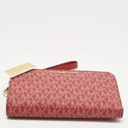 Pre Owned محفظة مايكل كورس جيت سيت مزدوجة السحاب حمراء شعارية كانفاس مقوى بحمالة يد