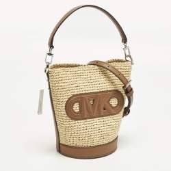 Pre Owned حقيبة دلو مايكل كورس تاونسند صغيرة كتان وجلدي بيج/بني