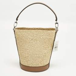 Pre Owned حقيبة دلو مايكل كورس تاونسند صغيرة كتان وجلدي بيج/بني