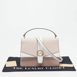 Pre Owned Michael Kors Greenwich Medium Pink/White Leather and Signature Coated Canvas Top Handle Bag
