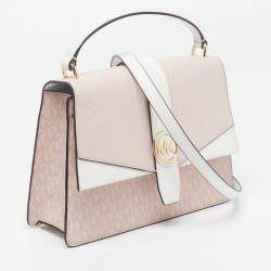 Pre Owned Michael Kors Greenwich Medium Pink/White Leather and Signature Coated Canvas Top Handle Bag