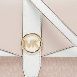 Pre Owned Michael Kors Greenwich Medium Pink/White Leather and Signature Coated Canvas Top Handle Bag