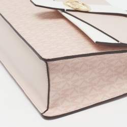 Pre Owned Michael Kors Greenwich Medium Pink/White Leather and Signature Coated Canvas Top Handle Bag