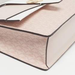 Pre Owned Michael Kors Greenwich Medium Pink/White Leather and Signature Coated Canvas Top Handle Bag