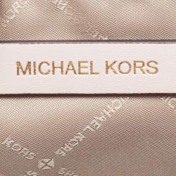 Pre Owned Michael Kors Greenwich Medium Pink/White Leather and Signature Coated Canvas Top Handle Bag