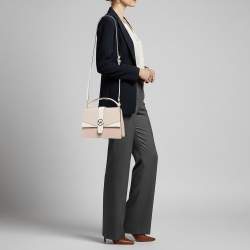 Pre Owned Michael Kors Greenwich Medium Pink/White Leather and Signature Coated Canvas Top Handle Bag