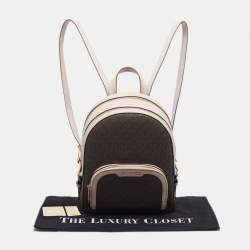 Pre Owned Michael Kors Jaycee Medium Pink/Dark Brown Signature Coated Canvas and Faux Leather Backpack