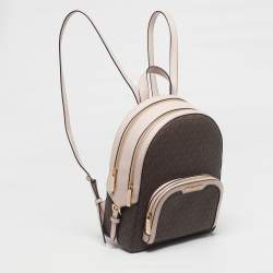 Pre Owned Michael Kors Jaycee Medium Pink/Dark Brown Signature Coated Canvas and Faux Leather Backpack