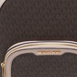 Pre Owned Michael Kors Jaycee Medium Pink/Dark Brown Signature Coated Canvas and Faux Leather Backpack