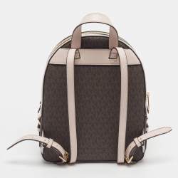 Pre Owned Michael Kors Jaycee Medium Pink/Dark Brown Signature Coated Canvas and Faux Leather Backpack