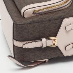 Pre Owned Michael Kors Jaycee Medium Pink/Dark Brown Signature Coated Canvas and Faux Leather Backpack