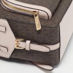 Pre Owned Michael Kors Jaycee Medium Pink/Dark Brown Signature Coated Canvas and Faux Leather Backpack