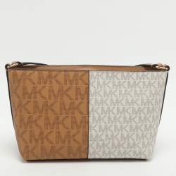 Pre Owned Michael Kors Jet Set Small Beige/Optic White Coated Signature Canvas Crossbody Bag